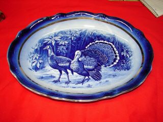Antique Flow Blue Turkey Pattern Platter - Gold Highlight - 11 1/4 " X 15 1/4 "