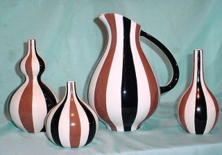 Brown Black Stripes Jonathan Adler Art Pottery Modernist Pitcher Vase Happy Home