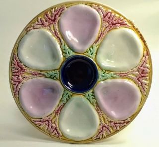 19c Antique Majolica 10 " Oyster Plate Cobalt Center Pink Green Small Nick