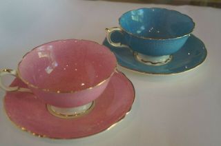 Pair Pretty Vintage Paragon Double Warrant Speckle Glaze Pink Blue Cups Saucers
