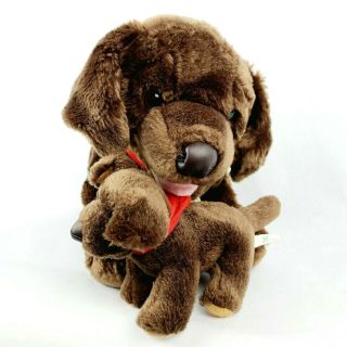 Build A Bear Brown Lab Dog & Puppy Plush Stuffed Animal Bab Mom Carrying Baby