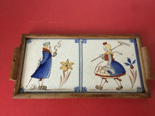Rare Antique Dutch Delft Framed Duo Tiles Two Hand Painted Farmers Pipe Girl