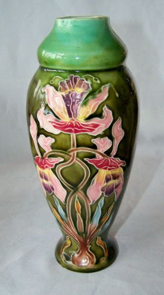 Antique Majolica Pottery Art Nouveau Vase W Floral Design