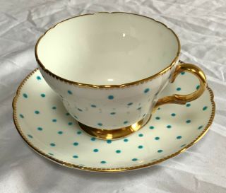 Shelley Turquoise Blue & White Polka Dot Cup & Saucer Gold Trim Henley Shape