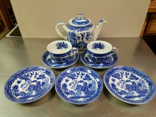 9 Piece Vintage Japan Blue Willow Tea Set,  Teapot 2 Cups 5 Saucers,  Porcelain