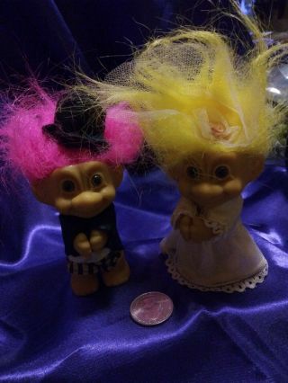 Vintage Russ Bride And Groom Troll Dolls.  Groom Has Pink Hair And Bride Has.