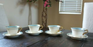 Syracuse Old Ivory Edmonton 4 Cups And Saucers Blue Rim Gold Trim Usa 1949 - 1966