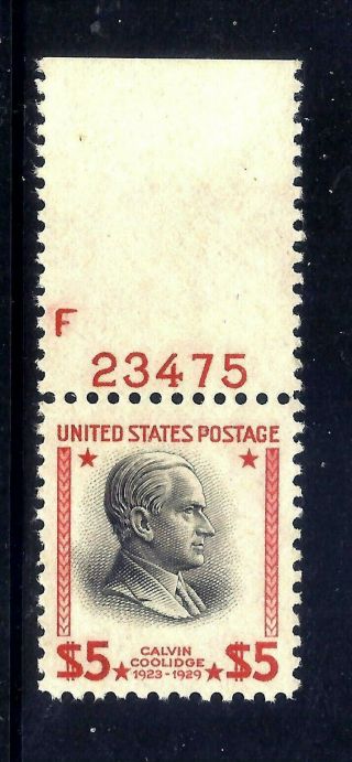 Us Stamps - 834 - Mnh - $5 Calvin Coolidge Issue - Plate Single - Cv $75