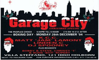 Garage City Rave Flyer Flyers A6 26/12/94 Villa Stefano Holborn London Wc2