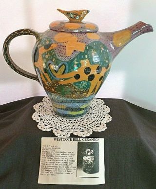 Westcote Bell Ceramics Teapot 1991 Pottery Folk Art Cats Fish Calico Silhouette