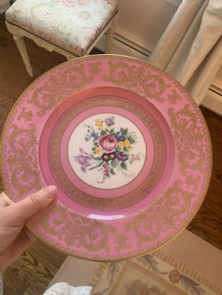 Pink Pair Vtg Antique Bavaria Hutschenreuther Selb Gold Gilt Flower Rose Plates