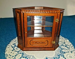 Dollhouse Miniature Corner Curio Cabinet With Carving And Glass Shelf