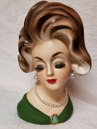 Vintage Lady Head Vase Napcoware C6985 Green Dress Green Gold Brooch Brown Hair