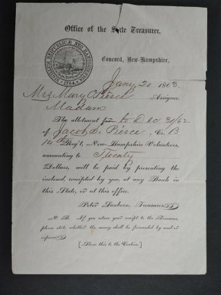 Hampshire Civil War: 1863 Concord Nh Jacob S.  Pierce Payment Letter,  14th Nh