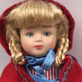 Small 7” Little Red Riding Hood Porcelain Doll By Kingstate With Blonde Braids