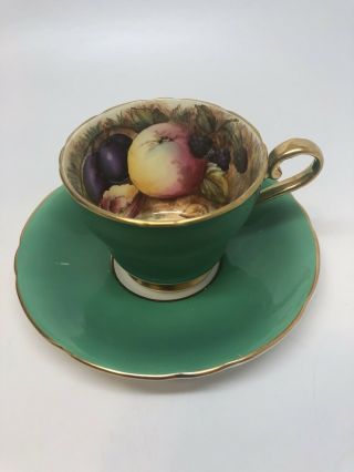 Vintage Aynsley Orchard Fruit Cup And Saucer Green Gold Signed N Brunt?