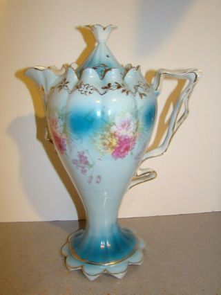 R.  S.  Prussia Mold 12 Pedestal Footed Chocolate Pot Blue W/ Pink & Yellow Flowers
