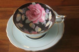 Paragon Black Cabbage Pink Rose Green Teacup Tea Cup Saucer