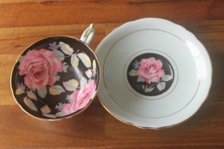 Paragon Black Cabbage pink Rose Green Teacup Tea cup Saucer 3