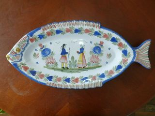 Vintage Antique Hb Quimper France Art Pottery Figural Fish Platter Tray