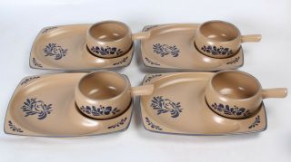 Set Of 4 Pfaltzgraff Folk Art Snack Trays With Stick Handle Soup Bowls