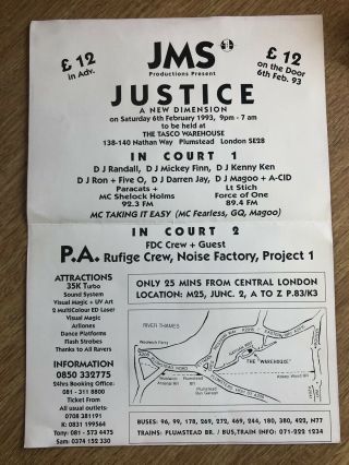 Justice rave flyer 06.  02.  93 A4 Tasco warehouse 2