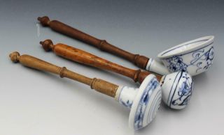 Antique Meissen Blue Onion Porcelain 3 Utensils Wooden Handles Ladle & Mashers