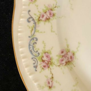 Set Of 12 Theodore Haviland York Dinner Plates.  Pink Roses With Blue Scrolls