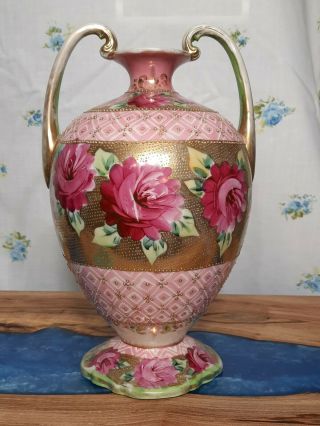 Japanese Nippon Hand Painted Floral Vase W/raised Gold & 2 Gilded Handles