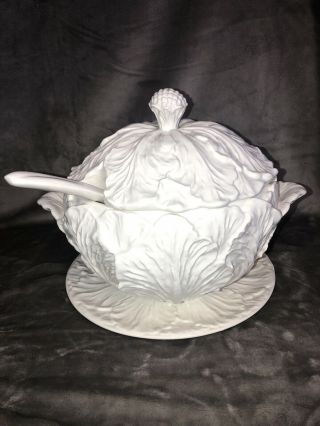 Large Vintage White Cabbage Leaf Soup Tureen Serving Ladle,  Plate & Lid