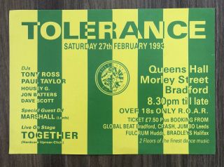 Tolerance Rave Flyer 27.  02.  93 Queens Hall Bradford A5