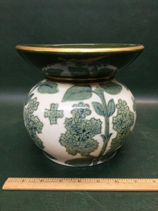 Rare Antique Royal Doulton Spittoon In Green And Gold Floral 7 " Tall