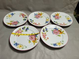 5 Vintage Royal Worcester Porcelain Ashford Soup Bowls Floral Red Trim 10  W