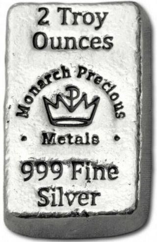2 Oz Monarch Precious Metals Silver Bar • Hand Poured.  999 Fine • (bu)