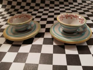 Mackenzie - Childs Miniature 1996 Set Of 2 Swirl Tea Cups And Saucers -
