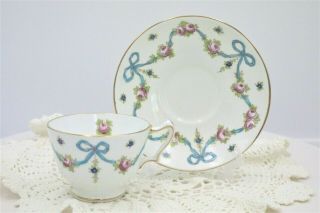 Vintage Crown Staffordshire Blue Bows Cup And Saucer Set Made In England (d)