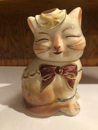 Vintage Shawnee Pottery Puss N Boots Cat Cookie Jar With Gold Trim And Flowers