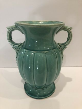 1940s Vintage Mccoy Pottery Teal Green Double Handle Planter Vase Marked