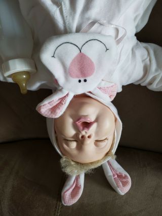Hasbro Sleeping Real Baby Doll By Judith Turner With Bunny Outfit.
