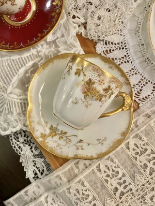 Rare Wm Guerin Limoges France Tea Cup Saucer Set Hp Floral Handle Raised Gold