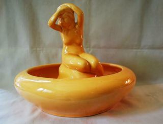 Art Deco Haeger Nude Woman Flower Frog In Yellow Glaze W/matching Console Bowl