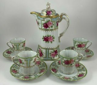 Antique Nippon Chocolate Pot W/ 4 Cups & Saucers Hand Painted Red Pink Roses