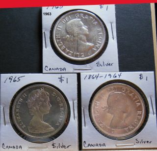 3 Canadian Silver Dollars 1963,  1964,  & 1965 Circulated