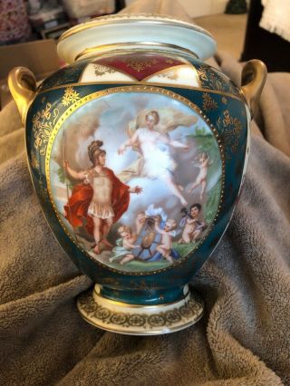 19th Century Austrian Royal Vienna Two Handle Porcelain Vase 8” Tall 3.  5”opening
