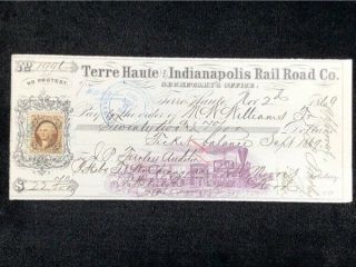 U.  S:used Check 1869 Terre Haute & Indianapolis Rail Road Co Terre Haute In W/rev