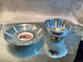 Paragon England Bone China Fruit Footed Tea Cup & Saucer,  Blue & Gold