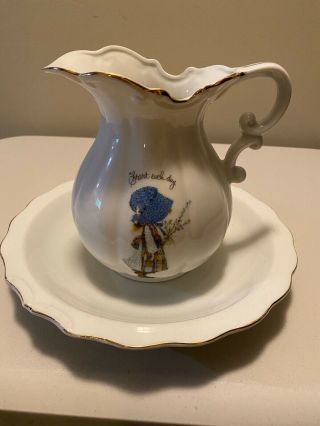 Holly Hobbie Blue Girl Porcelain Pitcher And Bowl Set