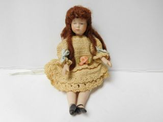 Vintage Signed Cna Porcelain Cloth Dollhouse Doll Crochet Dress Ribbon Bows