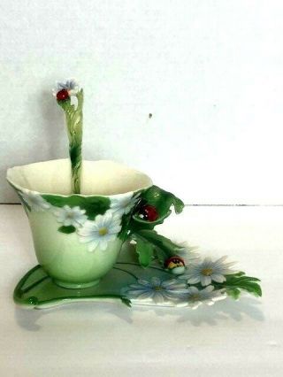 Franz Porcelain Ladybug Tea Cup,  Saucer And Spoon Fz00034 Sculpted By James Tsai
