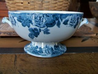 Early Unmarked Antique Large Blue Ironstone Transferware Pedestal Bowl W Handles